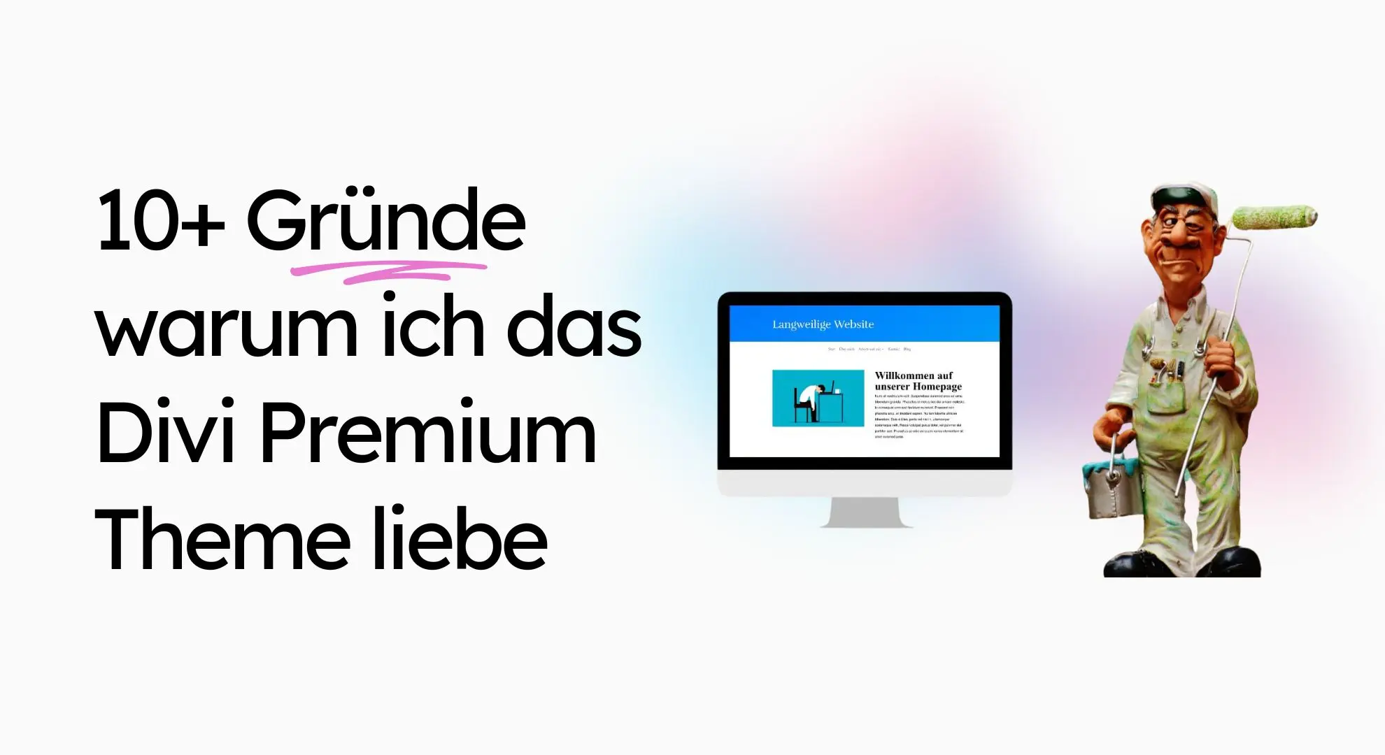 Der Text lautet „10+ Gründe, warum ich das Divi Premium Theme liebe“ neben einem Computer, der eine Website präsentiert, wobei der Schwerpunkt auf barrierefreiem Website-Design liegt. Rechts ist eine Kochfigur aus Keramik platziert.